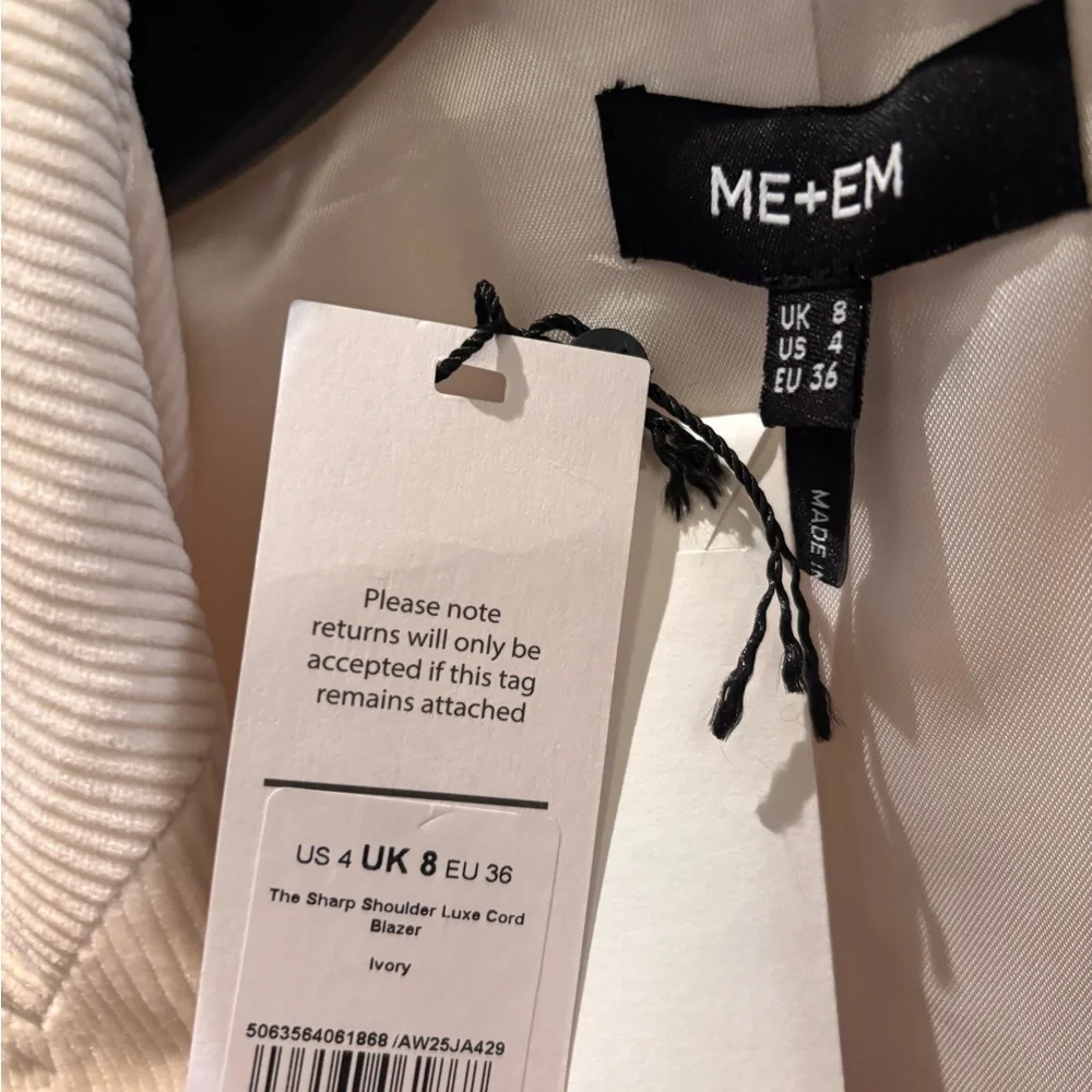 ME+EM Sharp Shoulder Blazer in Italian Cord (Ivory) Size 4 - Picture 7 of 9